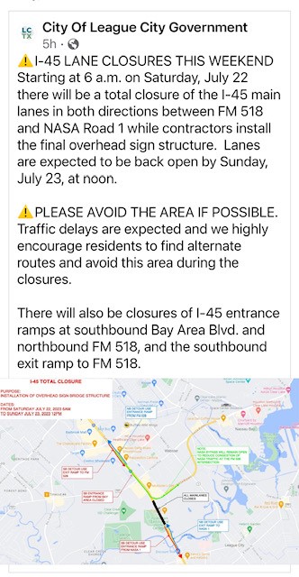 Road Closures on I-45 This Weekend